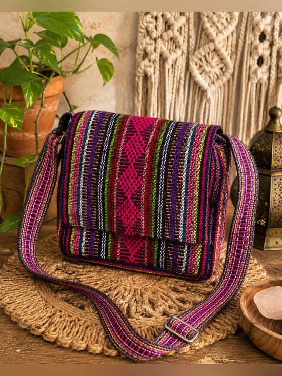 Handbags - Colorful Woven Boho Crossbody Shoulder Bag Multicolor Striped Textile Purse